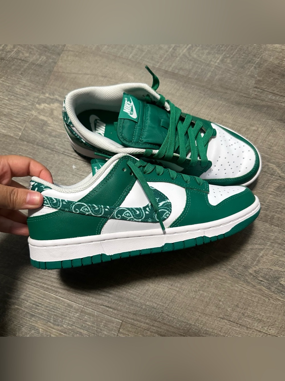 Nike women’s Dunk Low Green White Paisley Accent